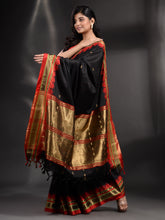 Load image into Gallery viewer, Black Silk Handwoven Soft Saree With Geometric Border

