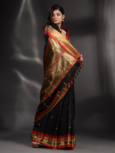 Load image into Gallery viewer, Black Silk Handwoven Soft Saree With Geometric Border
