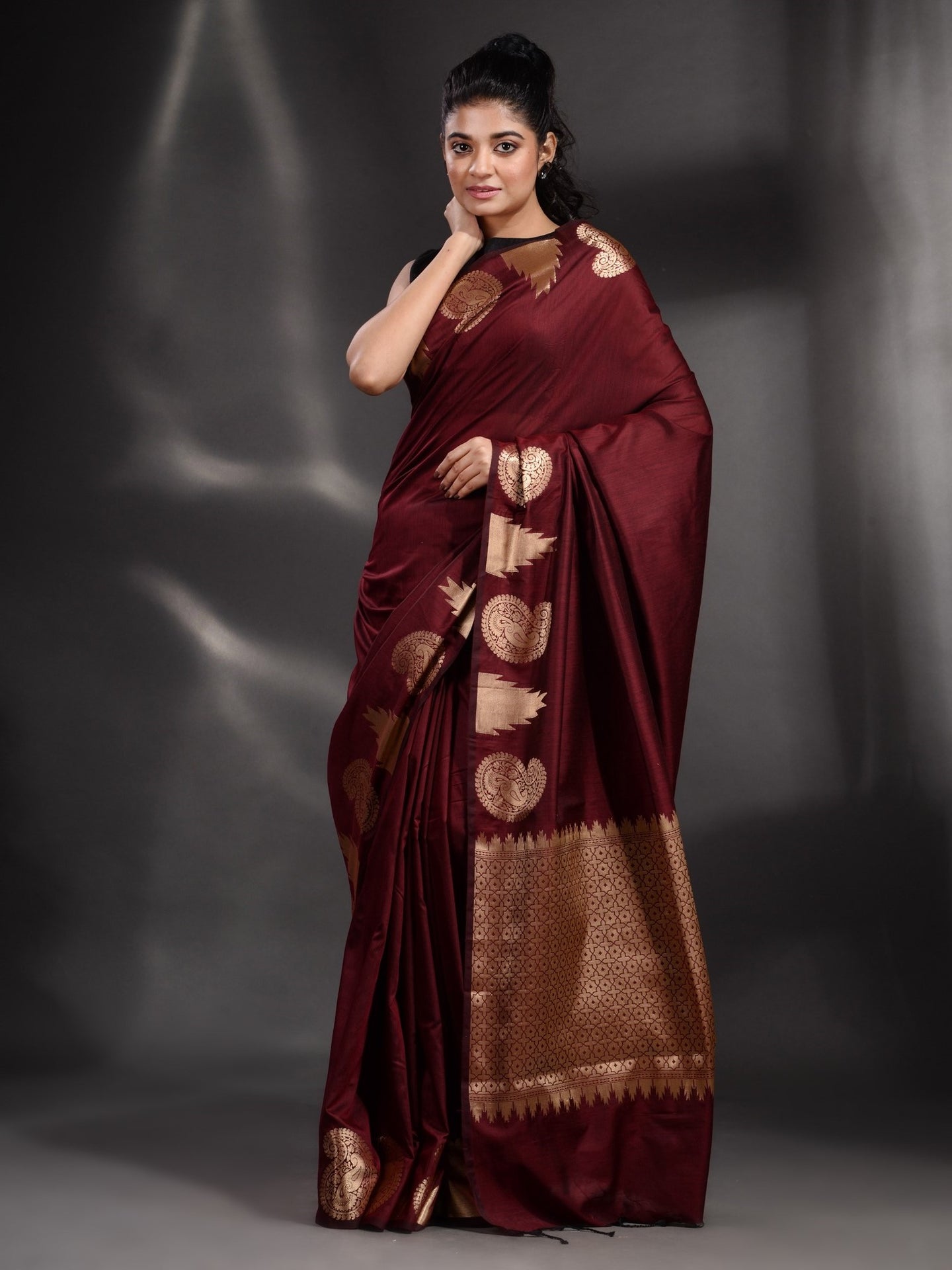 Maroon Silk Handwoven Soft Saree With Kolka Border