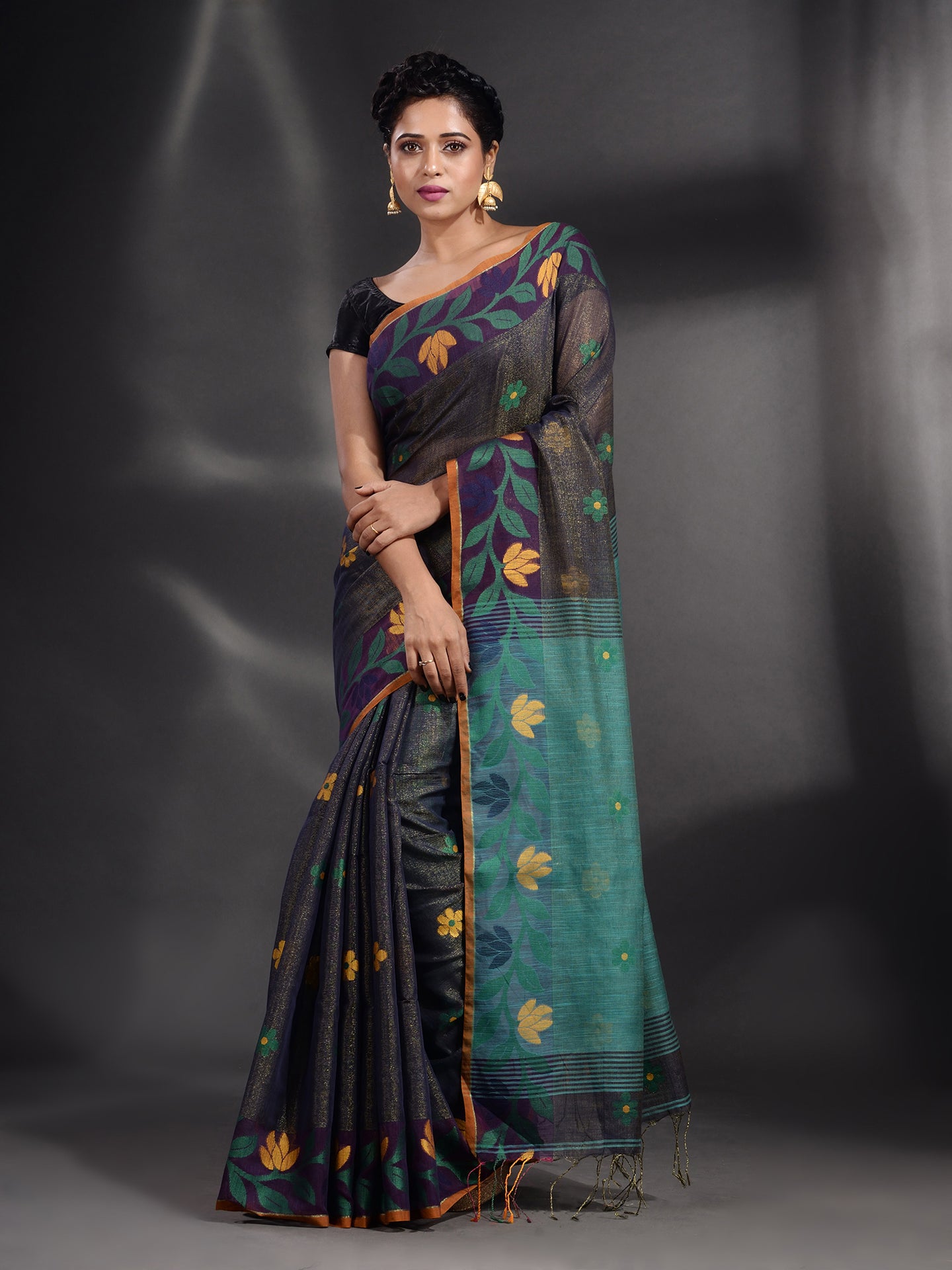 Dark Grey Tissue Handwoven Soft Saree With Nakshi Border