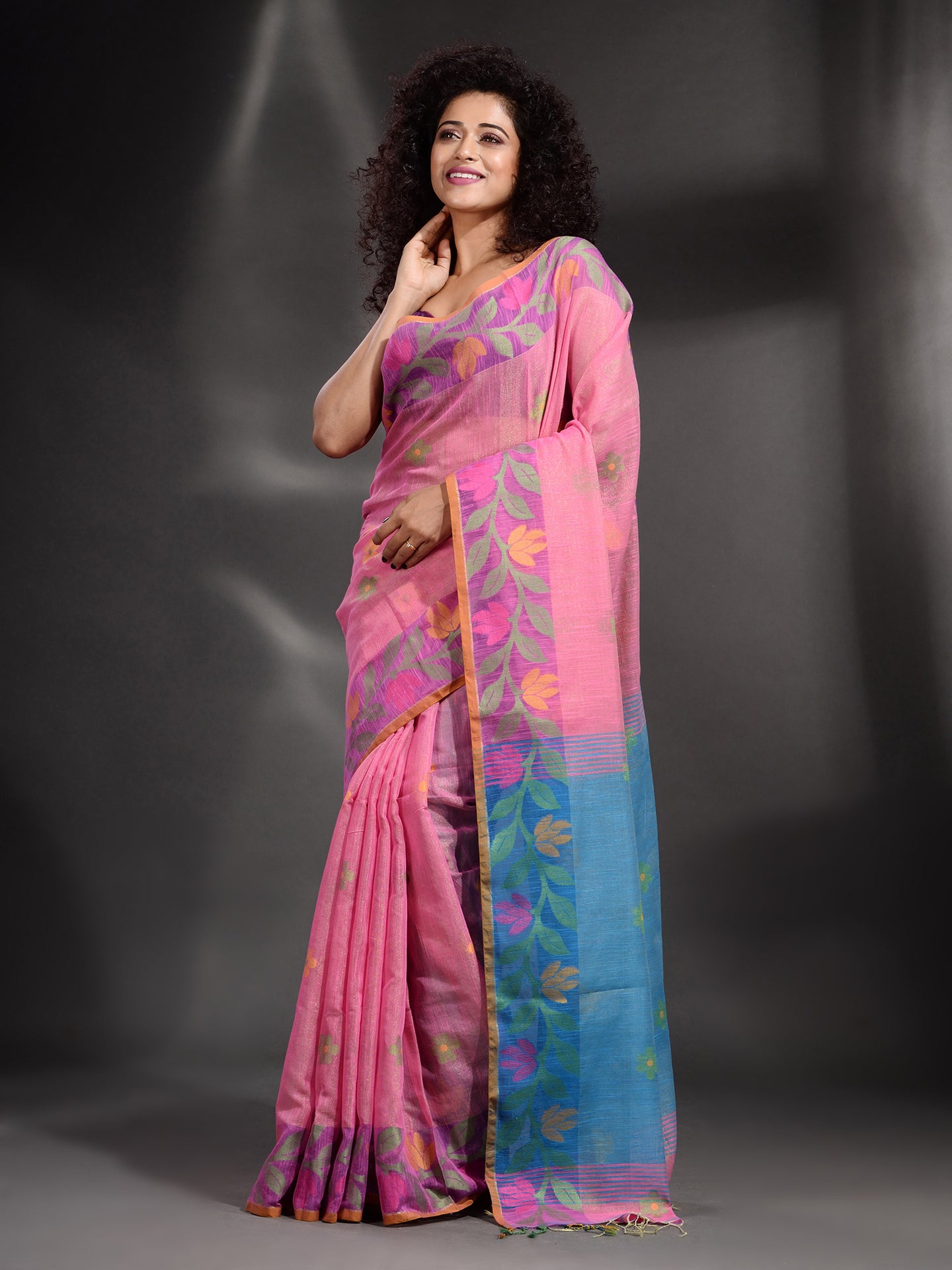 Pink Tissue Handwoven Soft Saree With Nakshi Border