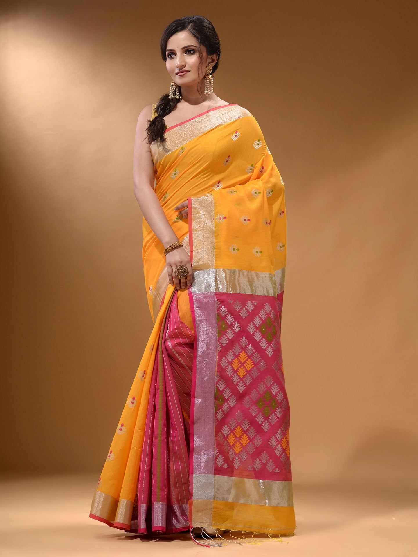 Yellow And Pink Cotton Blend Handwoven Patli Pallu Saree With Texture Design