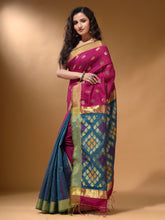 Load image into Gallery viewer, Magenta And Teal Cotton Blend Handwoven Patli Pallu Saree With Texture Design
