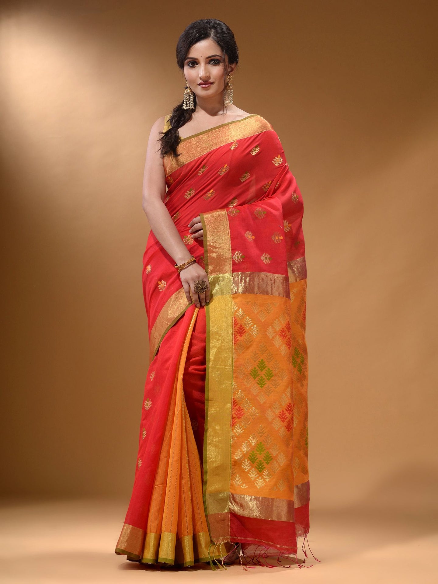 Red And Yellow Cotton Blend Handwoven Patli Pallu Saree With Texture Design