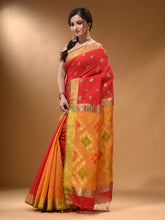 Load image into Gallery viewer, Red And Yellow Cotton Blend Handwoven Patli Pallu Saree With Texture Design
