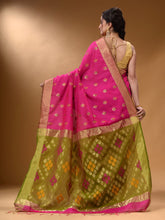 Load image into Gallery viewer, Shocking Pink And Sap Green Cotton Blend Handwoven Patli Pallu Saree With Texture Design
