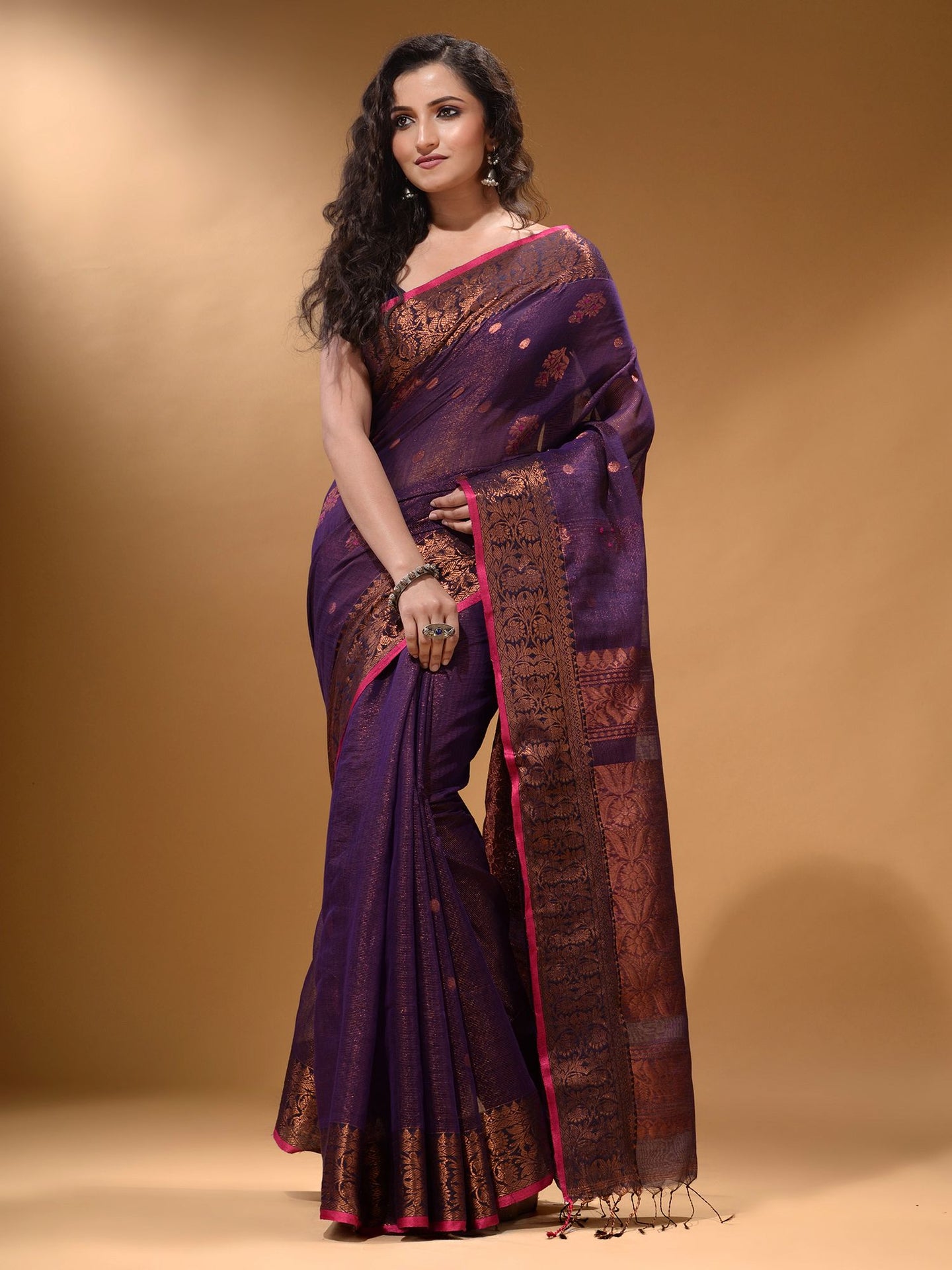 Purple Cotton Blend Handwoven Saree With Nakshi And Floral Design