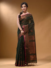 Load image into Gallery viewer, Seaweed Green Cotton Blend Handwoven Saree With Nakshi And Floral Design
