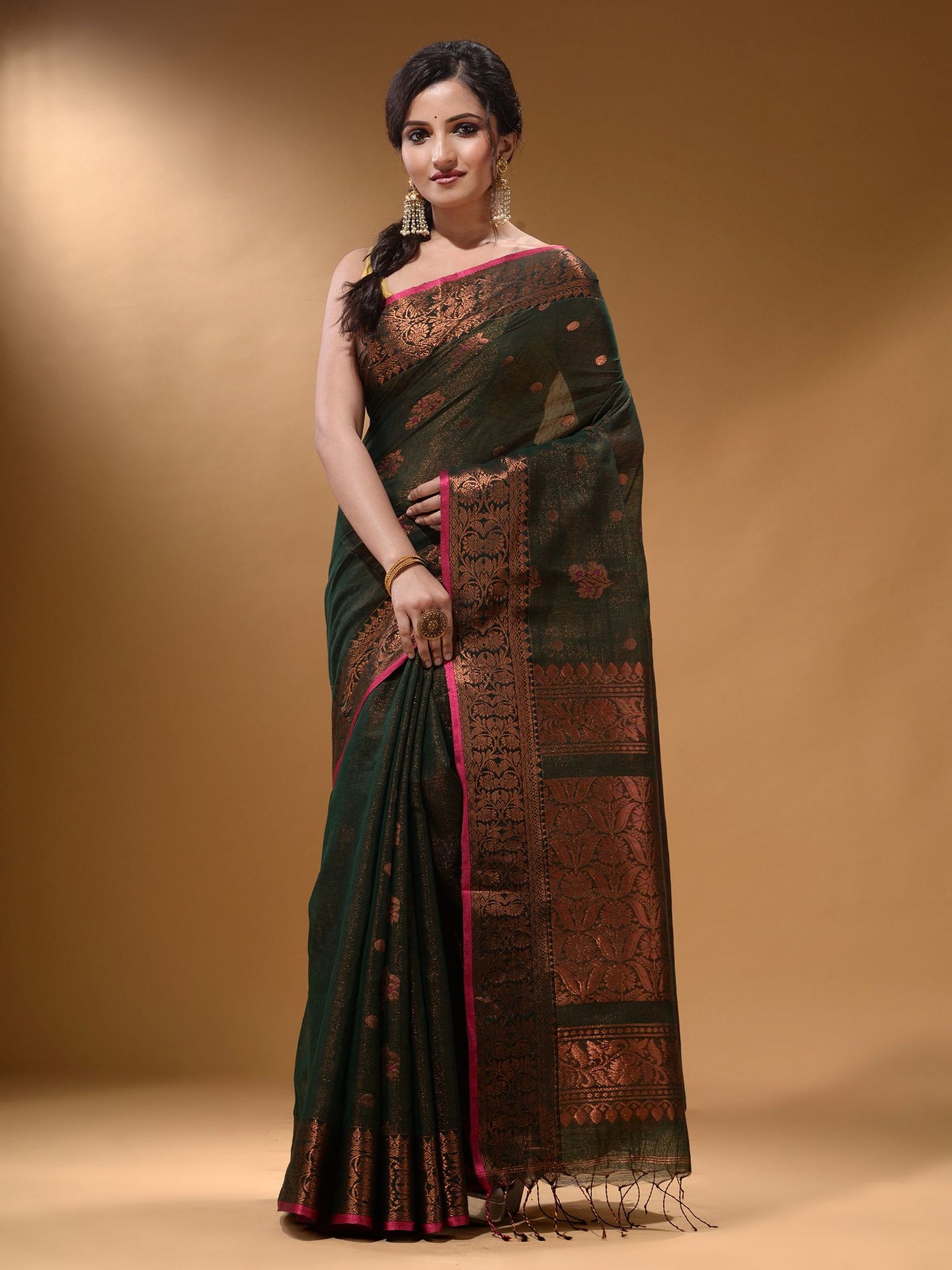 Seaweed Green Cotton Blend Handwoven Saree With Nakshi And Floral Design