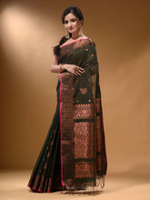 Load image into Gallery viewer, Seaweed Green Cotton Blend Handwoven Saree With Nakshi And Floral Design
