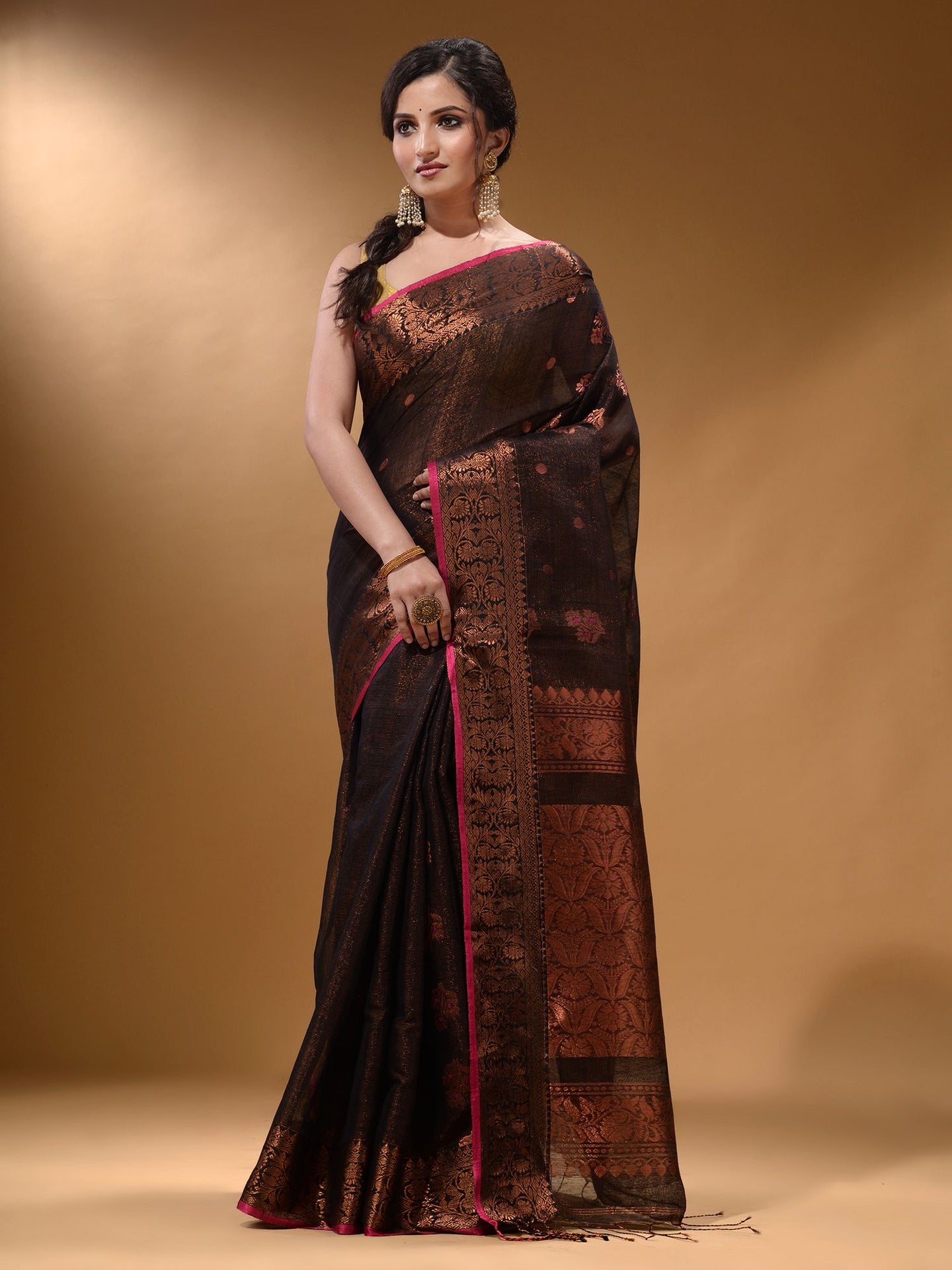 Black Cotton Blend Handwoven Saree With Nakshi And Floral Design