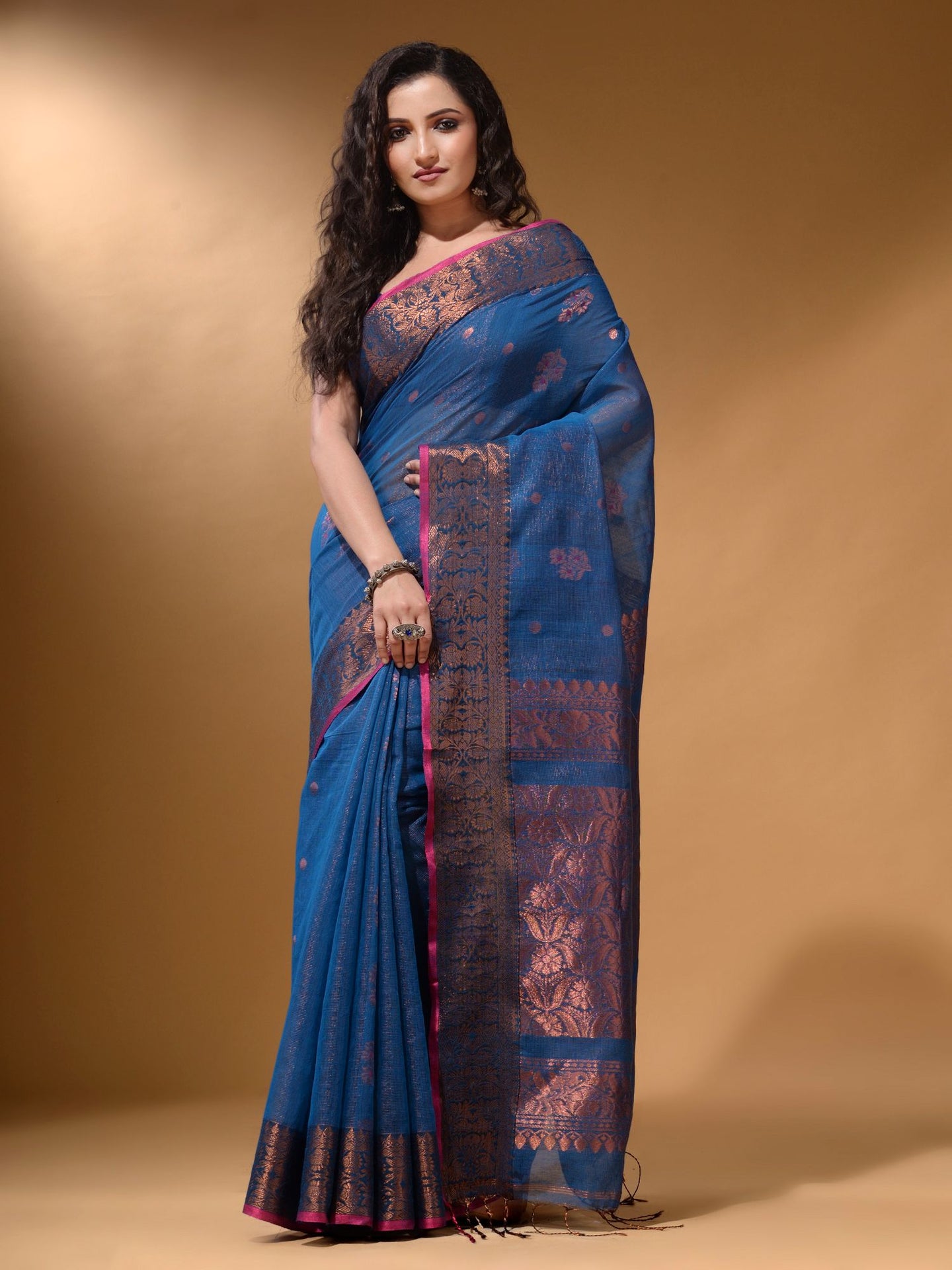 Sapphire Blue Cotton Blend Handwoven Saree With Nakshi And Floral Design