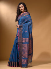 Load image into Gallery viewer, Sapphire Blue Cotton Blend Handwoven Saree With Nakshi And Floral Design

