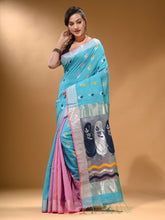 Load image into Gallery viewer, Sky Blue And Lavender Cotton Blend Handwoven Patli Pallu Saree With Floral And Paisley Motifs
