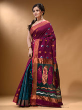 Load image into Gallery viewer, Magenta And Teal Cotton Blend Handwoven Patli Pallu Saree With Floral And Paisley Motifs
