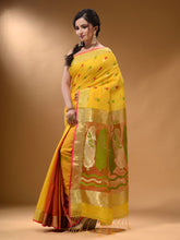 Load image into Gallery viewer, Yellow And Orange Cotton Blend Handwoven Patli Pallu Saree With Floral And Paisley Motifs
