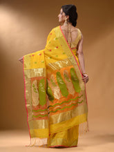 Load image into Gallery viewer, Yellow And Orange Cotton Blend Handwoven Patli Pallu Saree With Floral And Paisley Motifs

