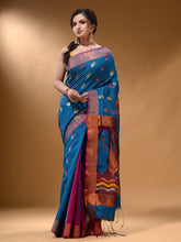 Load image into Gallery viewer, Sapphire Blue And Magenta Cotton Blend Handwoven Patli Pallu Saree With Floral And Paisley Motifs
