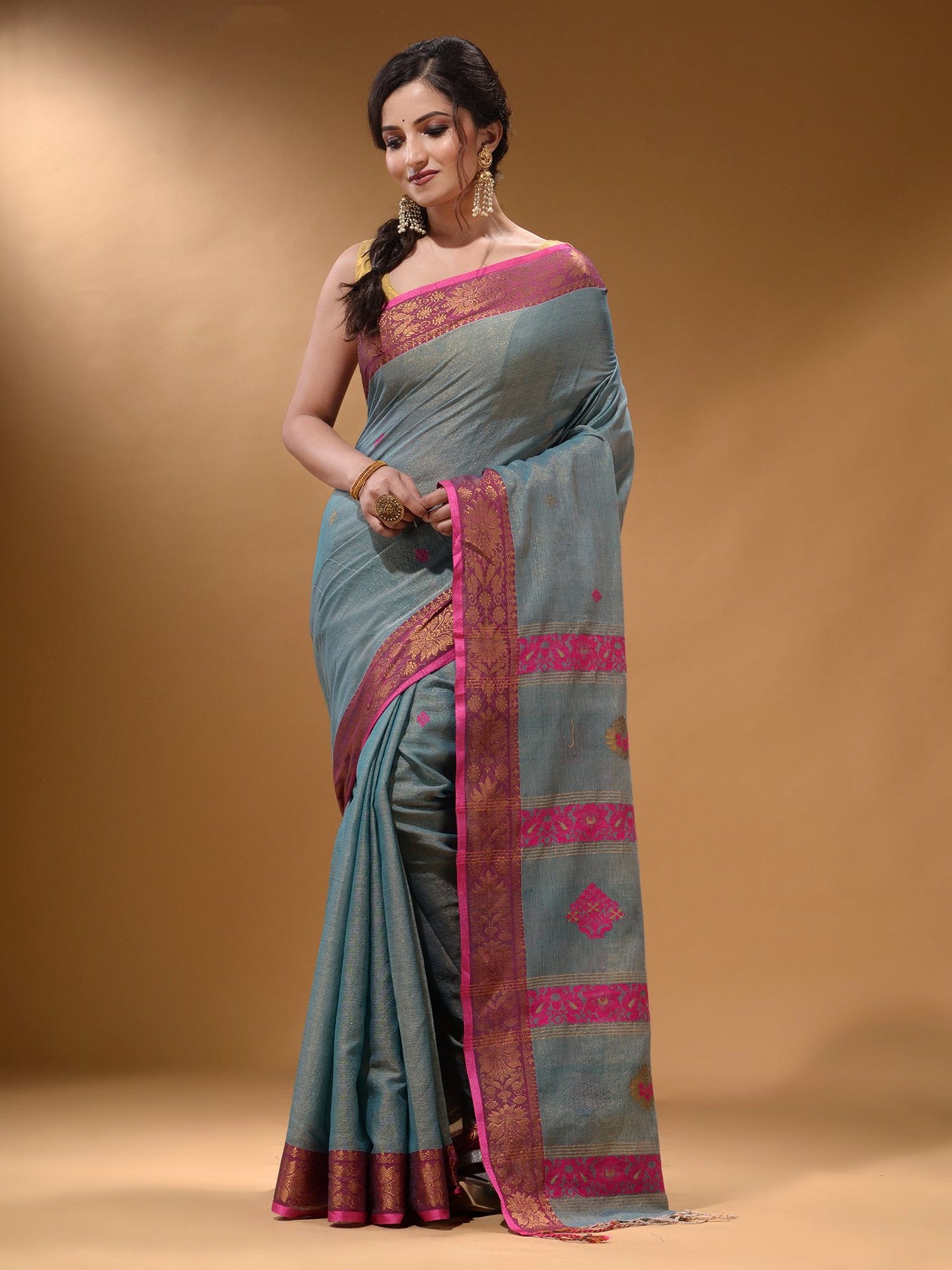 Grey Cotton Blend Handwoven Saree With Nakshi Design