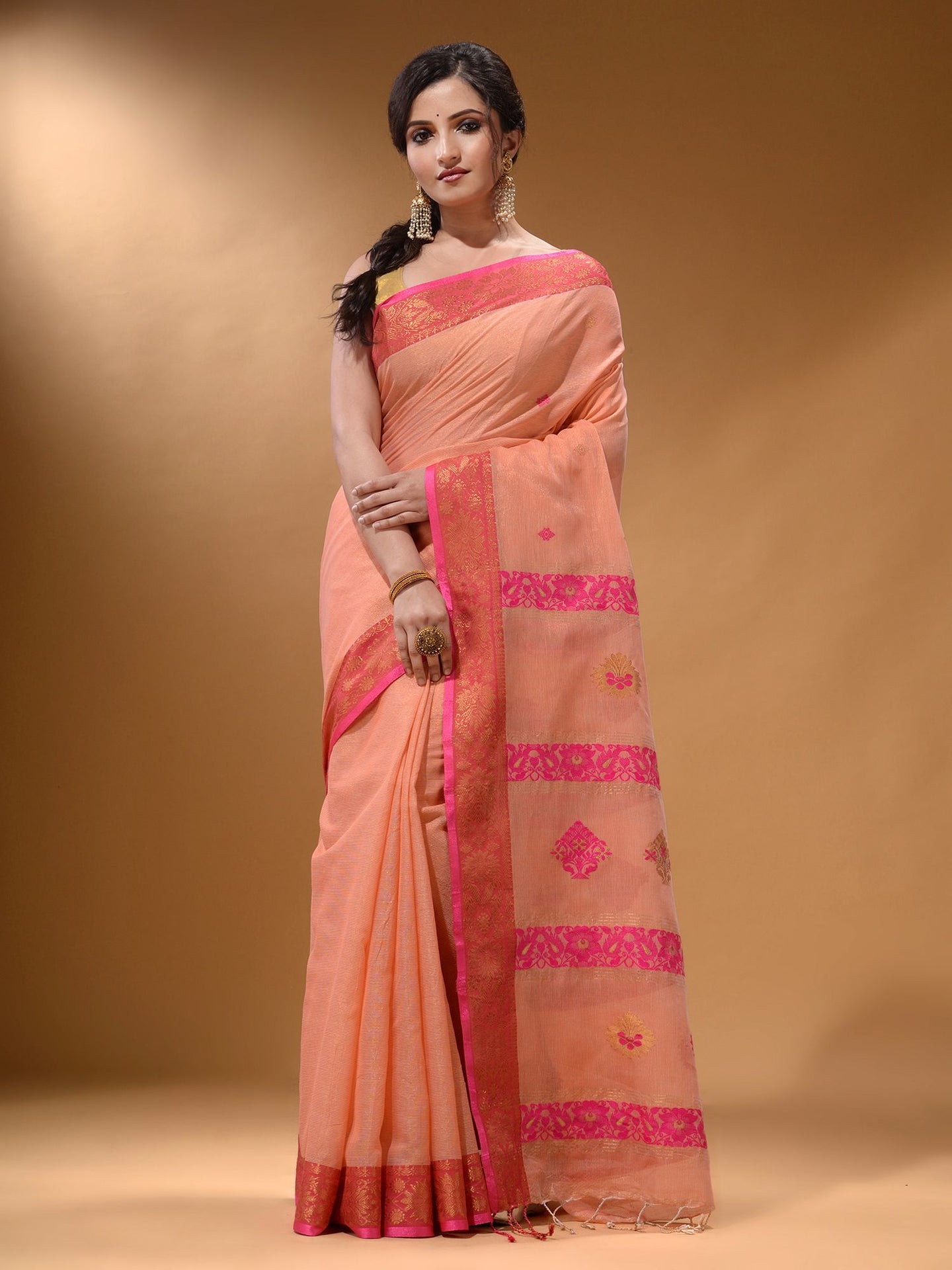 Peach Cotton Blend Handwoven Saree With Nakshi Design