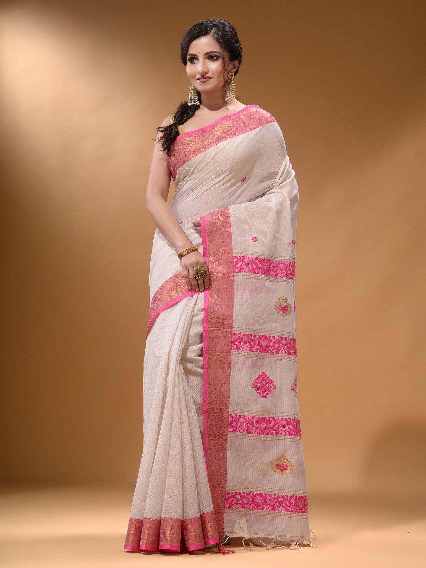 White Cotton Blend Handwoven Saree With Nakshi Design