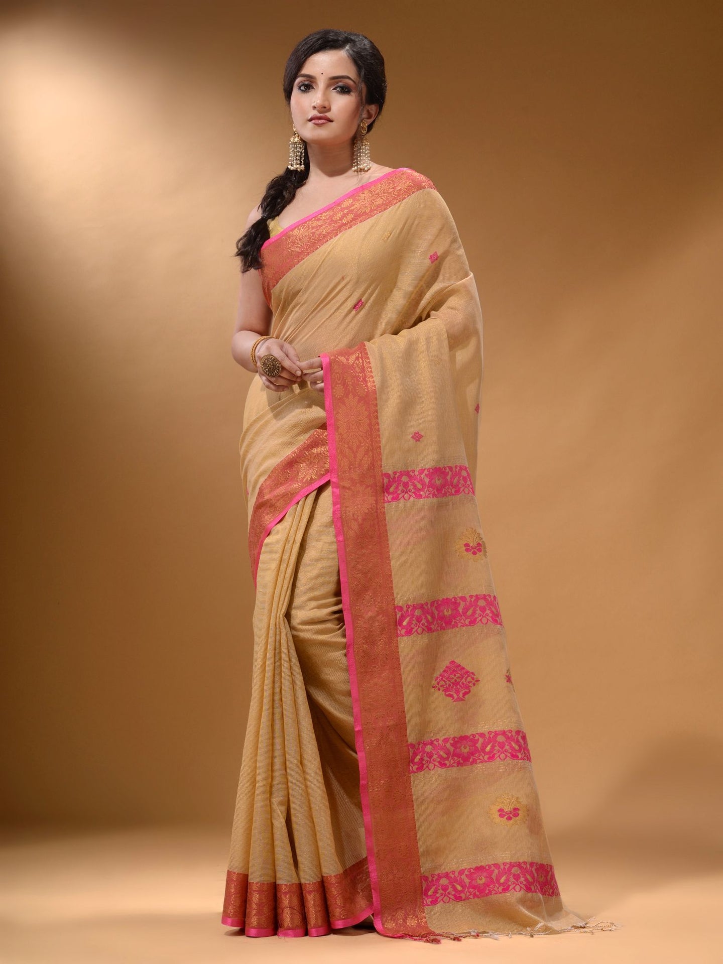 Beige Cotton Blend Handwoven Saree With Nakshi Design