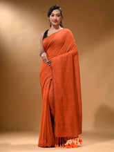 Load image into Gallery viewer, Orange Cotton Handspun Soft Saree With Pompom
