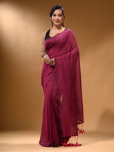 Load image into Gallery viewer, Fuchsia Cotton Handspun Soft Saree With Pompom
