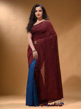 Load image into Gallery viewer, Maroon And Sapphire Blue Half N Half Cotton Handspun Soft Saree With Pompom
