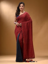 Load image into Gallery viewer, Red And Grey Half N Half Cotton Handspun Soft Saree With Pompom
