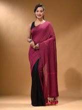 Load image into Gallery viewer, Magenta Black Half N Half Cotton Handspun Soft Saree With Pompom
