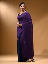 Load image into Gallery viewer, Violet And Navy Blue Half N Half Cotton Handspun Soft Saree With Pompom
