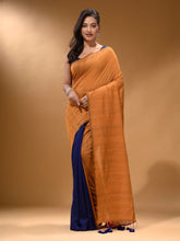 Load image into Gallery viewer, Mustard And Blue Half N Half Cotton Handspun Soft Saree With Pompom
