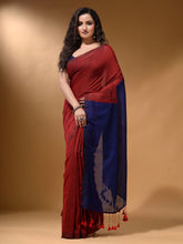 Load image into Gallery viewer, Red Cotton Handspun Soft Saree With Contrast Blue Pallu
