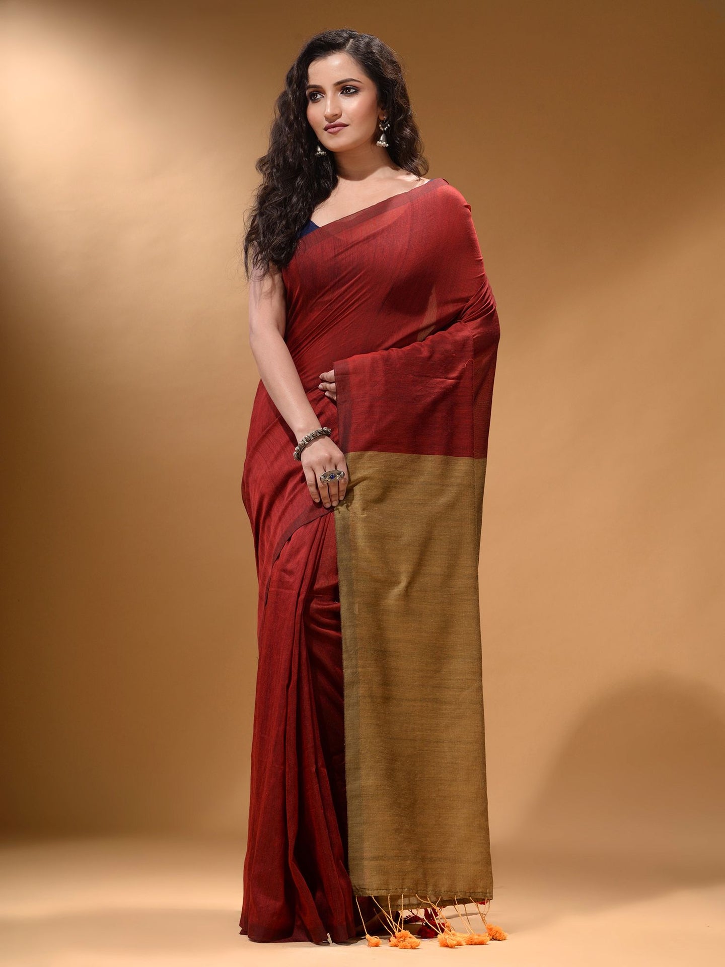 Red Cotton Handspun Soft Saree With Contrast Beige Pallu