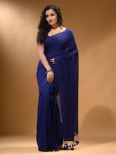 Load image into Gallery viewer, Midnight Blue Cotton Handspun Soft Saree With Pompom
