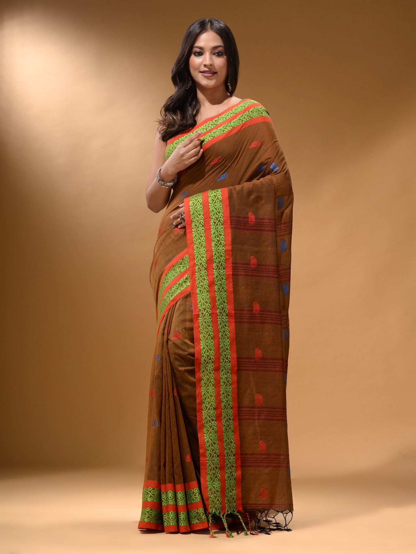 Ochre Yellow Cotton Handspun Soft Saree With Nakshi Border