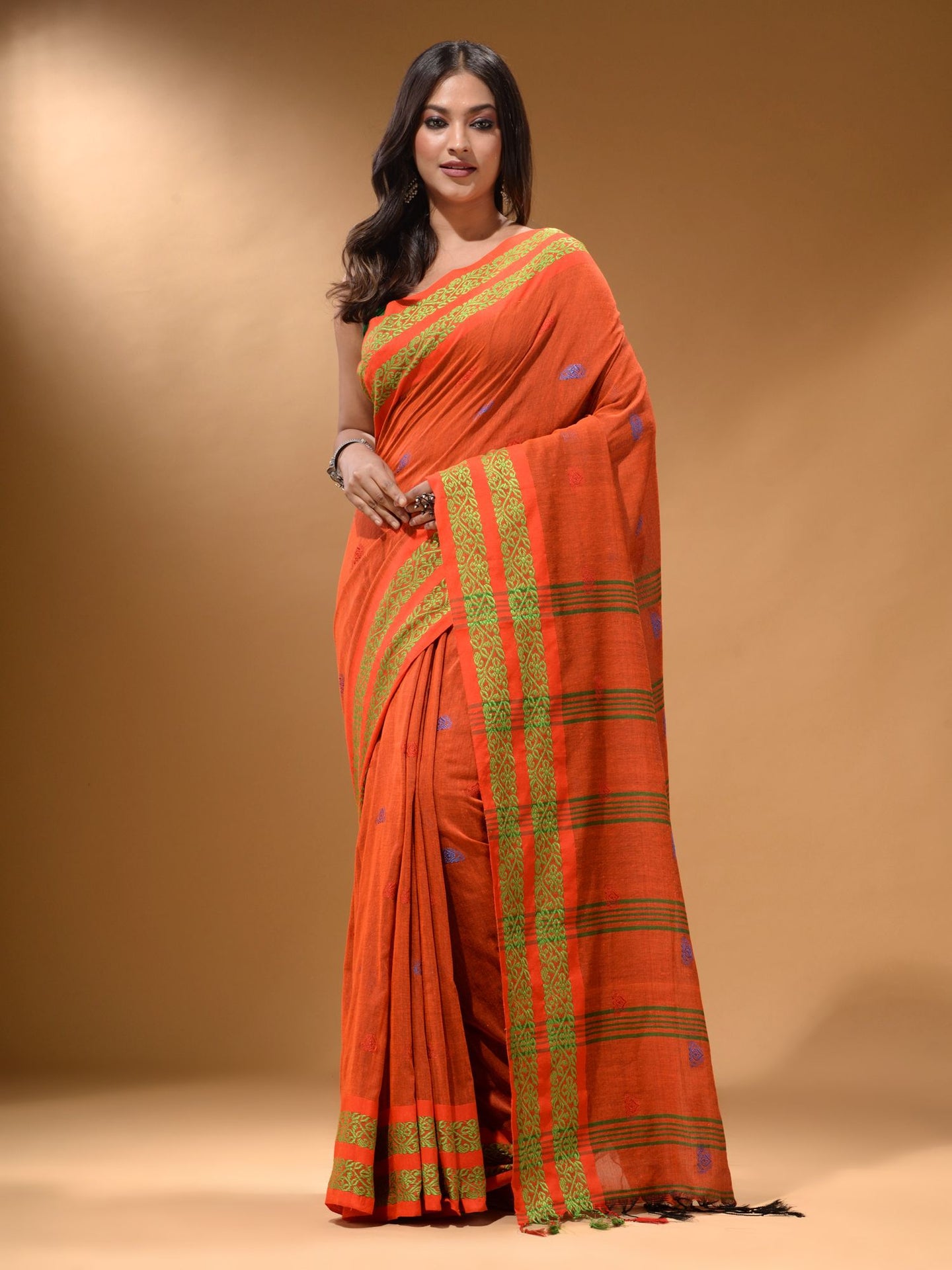 Orange Cotton Handspun Soft Saree With Nakshi Border