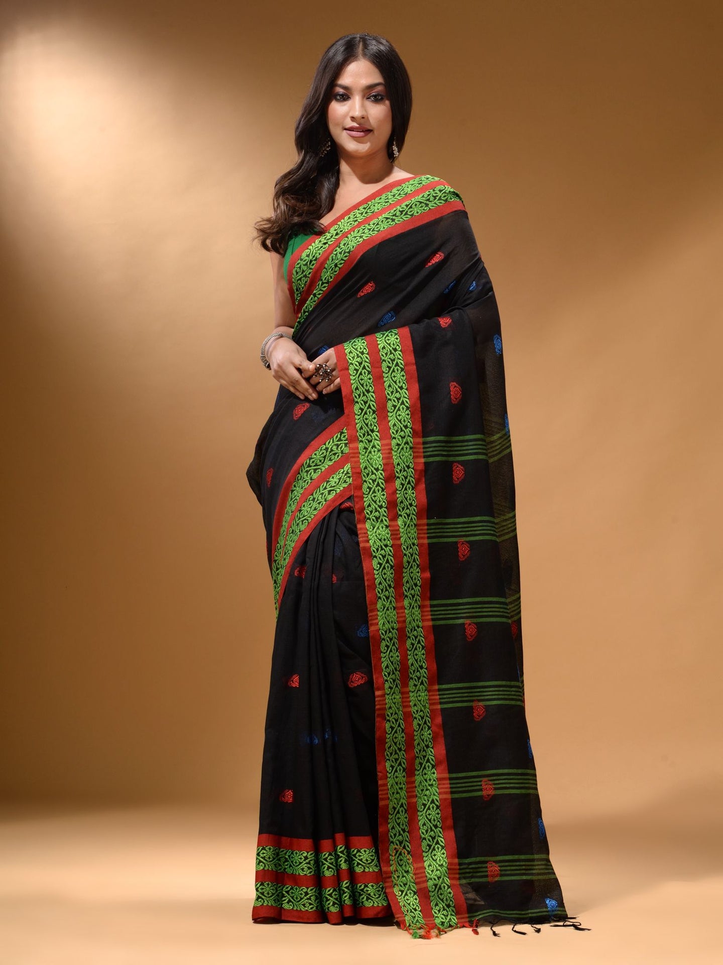 Black Cotton Handspun Soft Saree With Nakshi Border