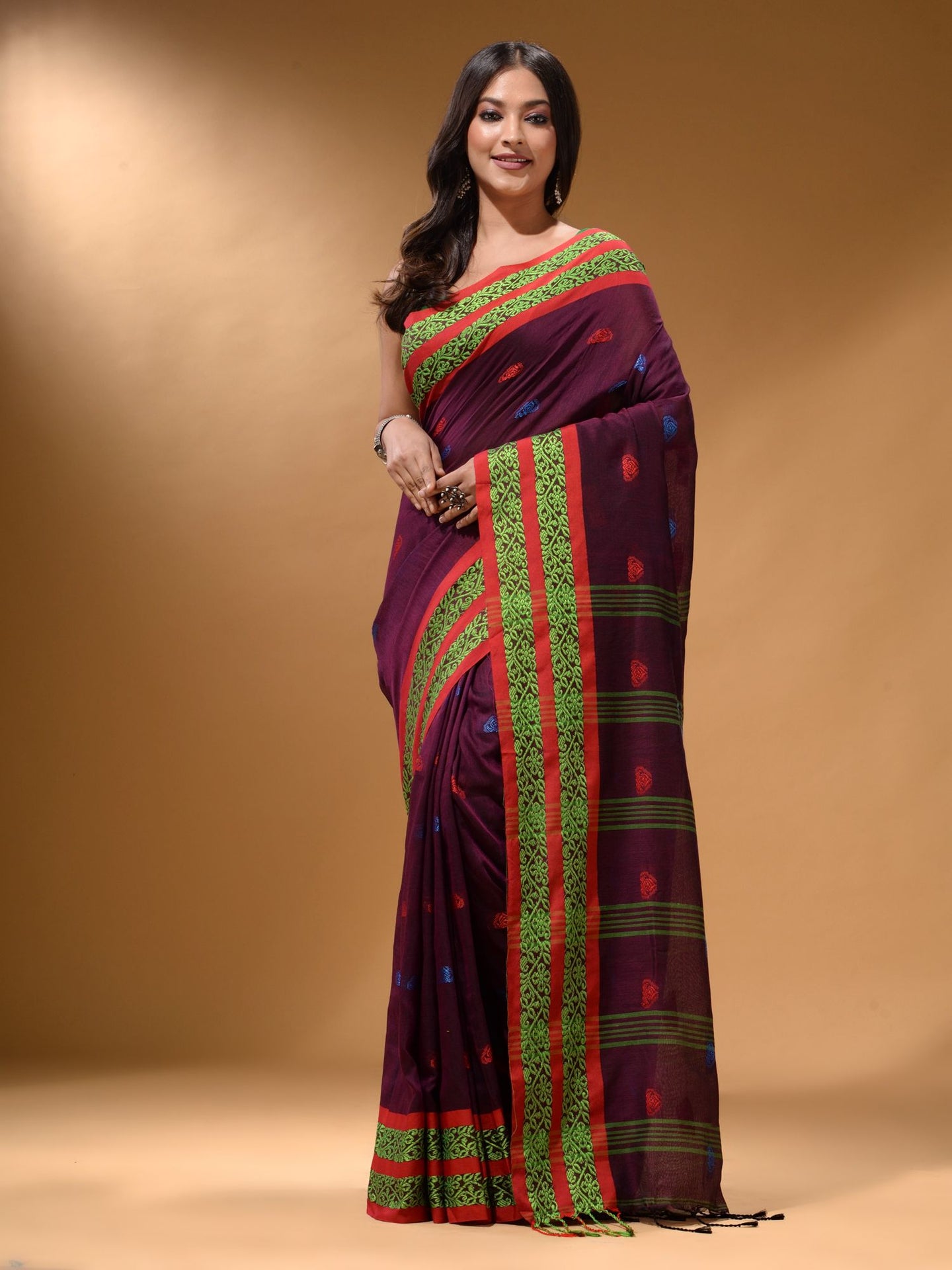 Magenta Cotton Handspun Soft Saree With Nakshi Border