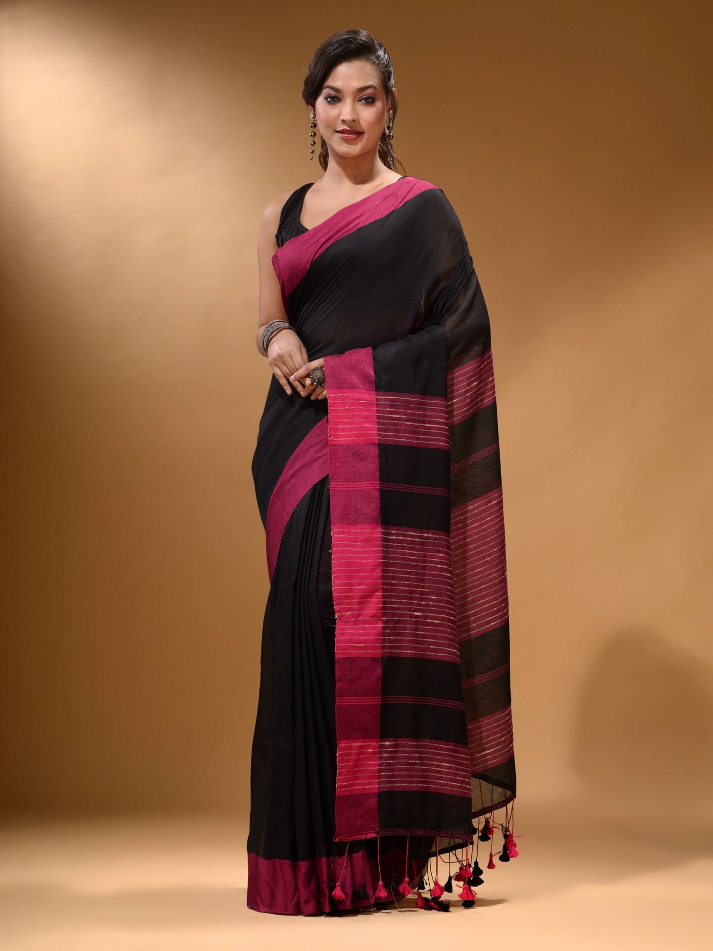 Black Cotton Handspun Soft Saree With Pompom