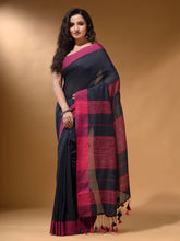 Load image into Gallery viewer, Charcoal Cotton Handspun Soft Saree With Pompom
