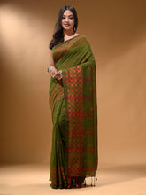 Load image into Gallery viewer, Pickle Green Cotton Handspun Soft Saree With Geometric Border
