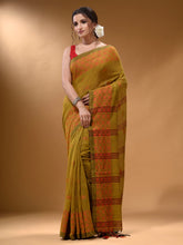 Load image into Gallery viewer, Mustard Cotton Handspun Soft Saree With Geometric Border
