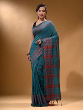 Load image into Gallery viewer, Teal Cotton Handspun Soft Saree With Geometric Border
