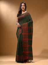 Load image into Gallery viewer, Forest Green Cotton Handspun Soft Saree With Geometric Border
