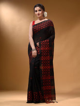 Load image into Gallery viewer, Black Cotton Handspun Soft Saree With Geometric Border
