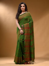 Load image into Gallery viewer, Green Cotton Handspun Soft Saree With Geometric Border
