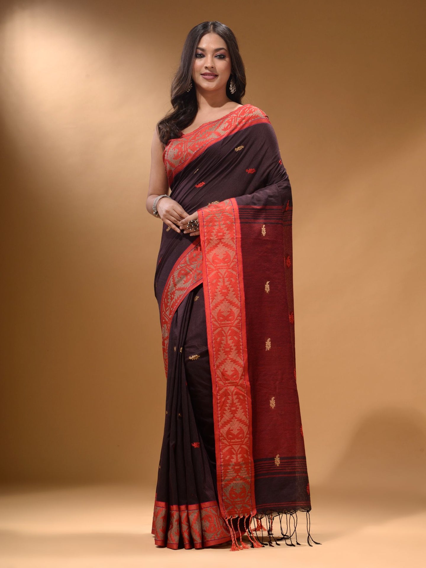 Brown Cotton Handspun Soft Saree With Nakshi Border And Contrast With Red Pallu