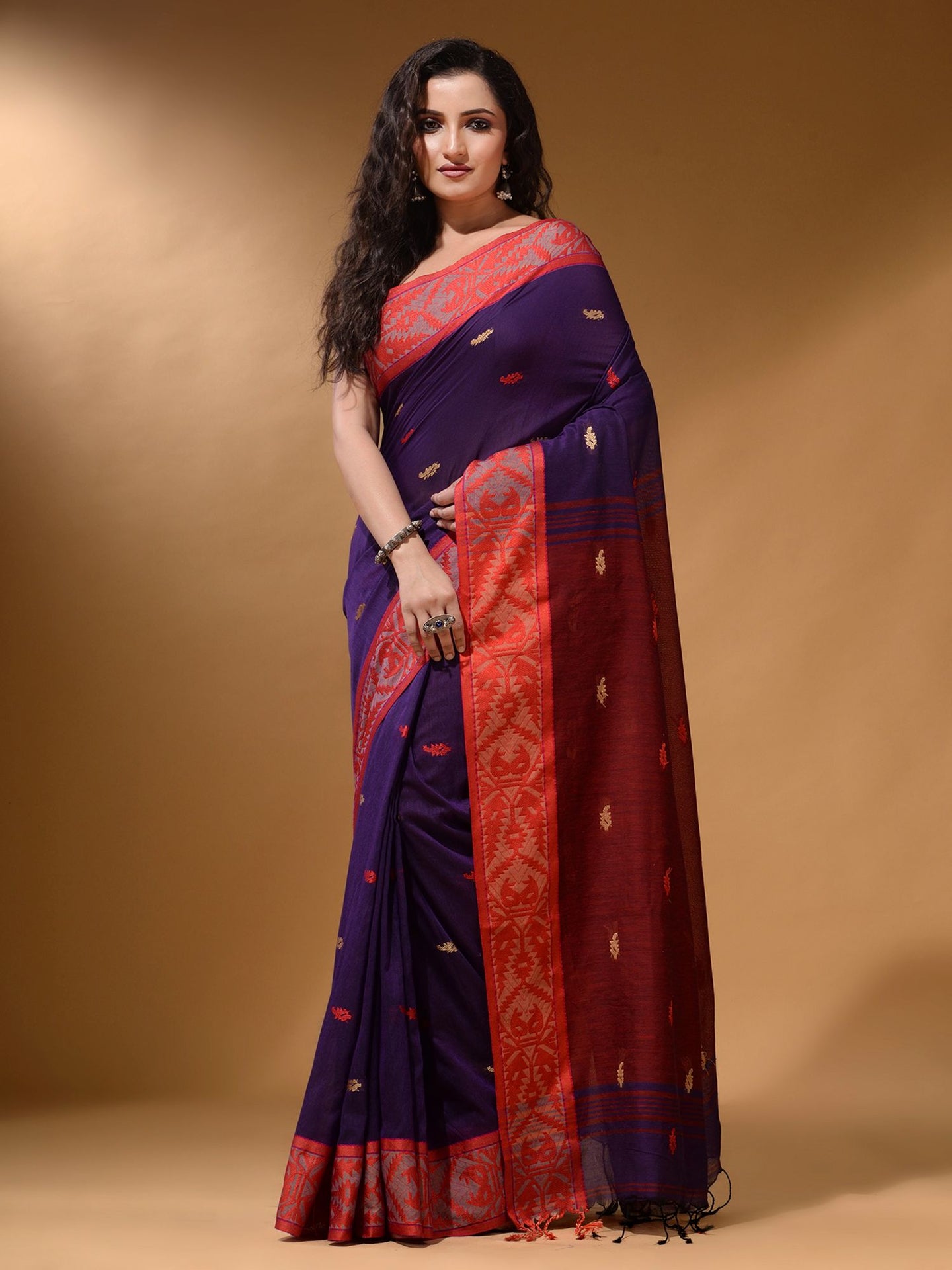 Purple Cotton Handspun Soft Saree With Nakshi Border And Contrast With Red Pallu